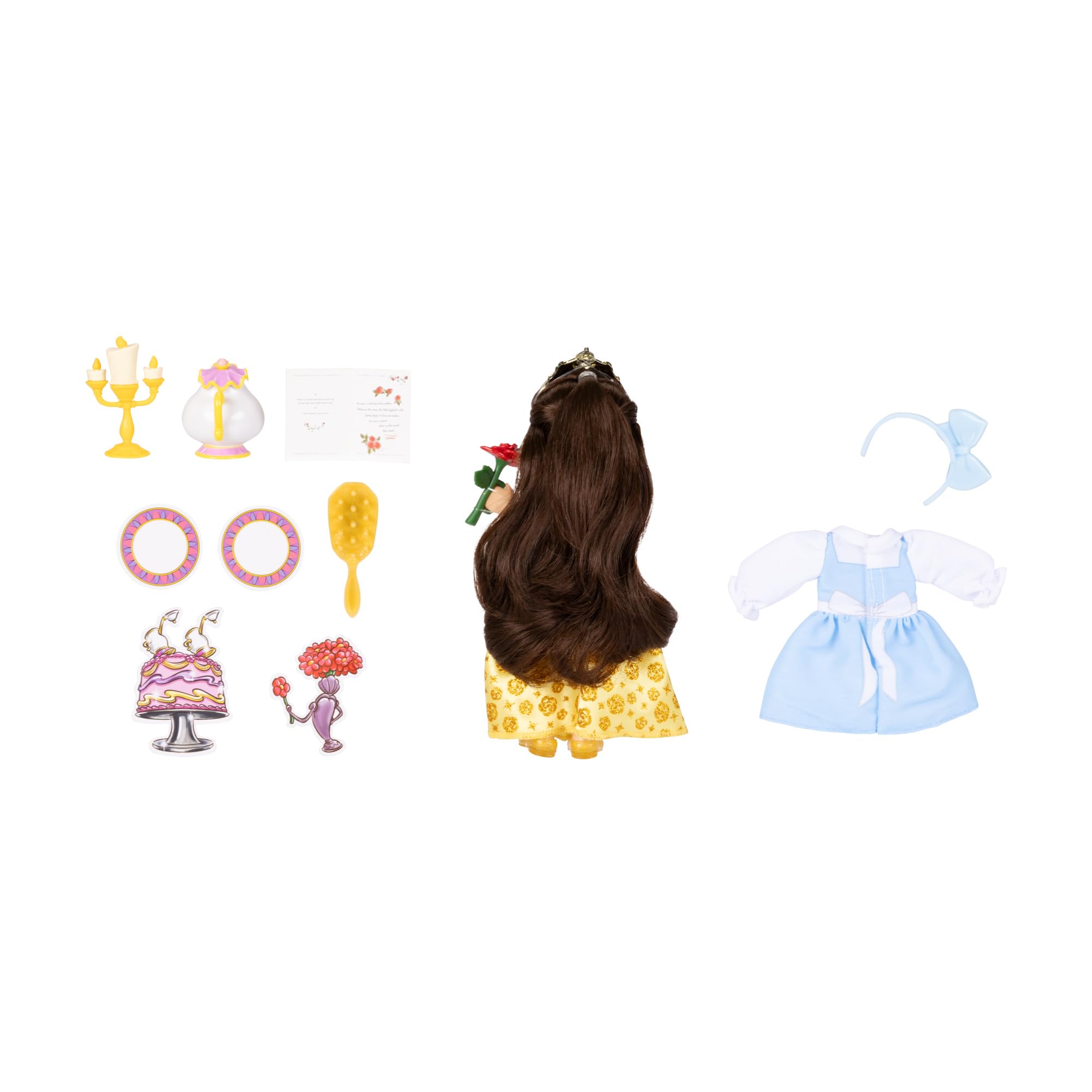 Disney Princess Belle Doll Be Our Guest Petite Belle Doll with Mrs. Potts & Lumiere, in Yellow Ball Gown and Blue Village Dress Fashions - Image 10