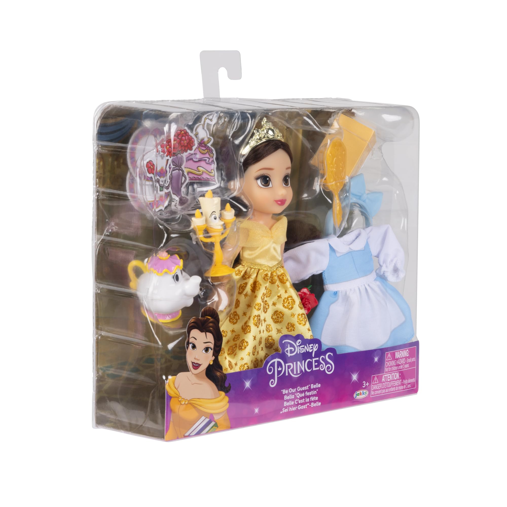 Disney Princess Belle Doll Be Our Guest Petite Belle Doll with Mrs. Potts & Lumiere, in Yellow Ball Gown and Blue Village Dress Fashions - Image 9